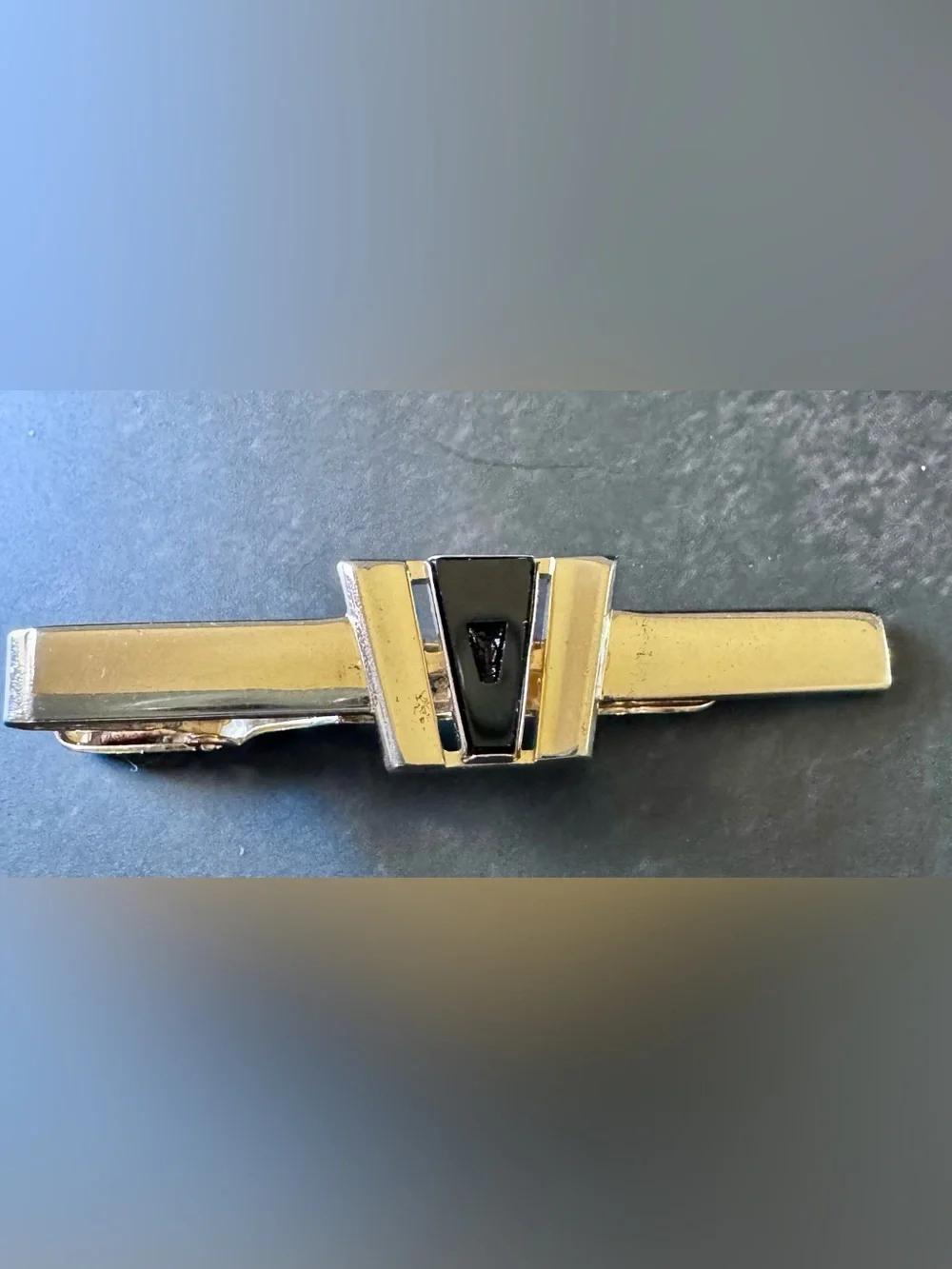 Vintage Anson Cufflinks Tie Clip Bar Set MCM Gold Tone Black Onyx Rhinestone USA